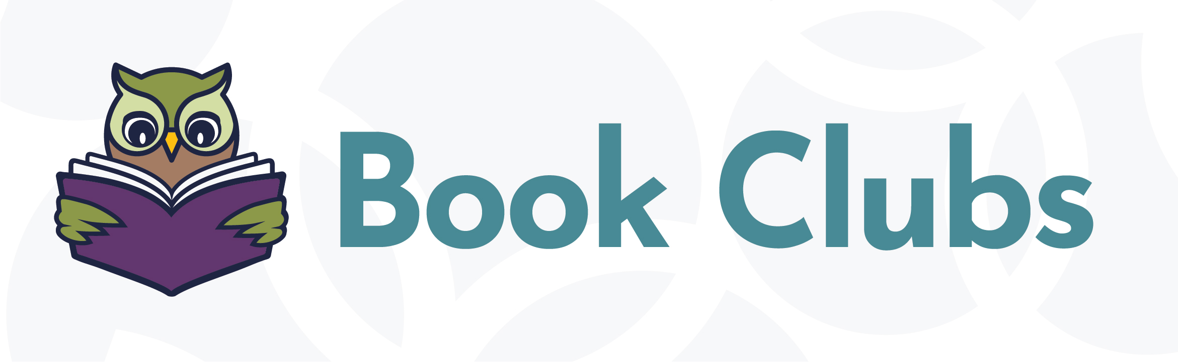 Book Clubs graphic header depicting an owl reading a book