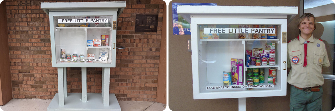 Two images of the Free Little Pantry - one of just the pantry and the second of an Eagle Scout smiling while standing next to the pantry
