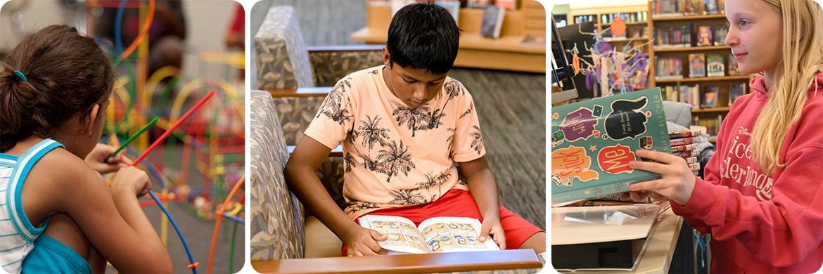Collage of three images: first image shows a girl, second shows boy reading a book, third shows another girl checking out a book