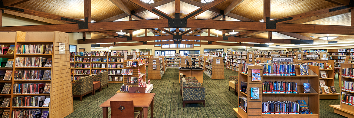 Library interior showing shelves and seating