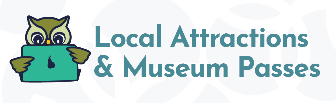 Local Attractions and Museum Passes graphic header depicting an owl with an open laptoopLocal Attractions and Museum Passes graphic header depicting an owl with an open laptop