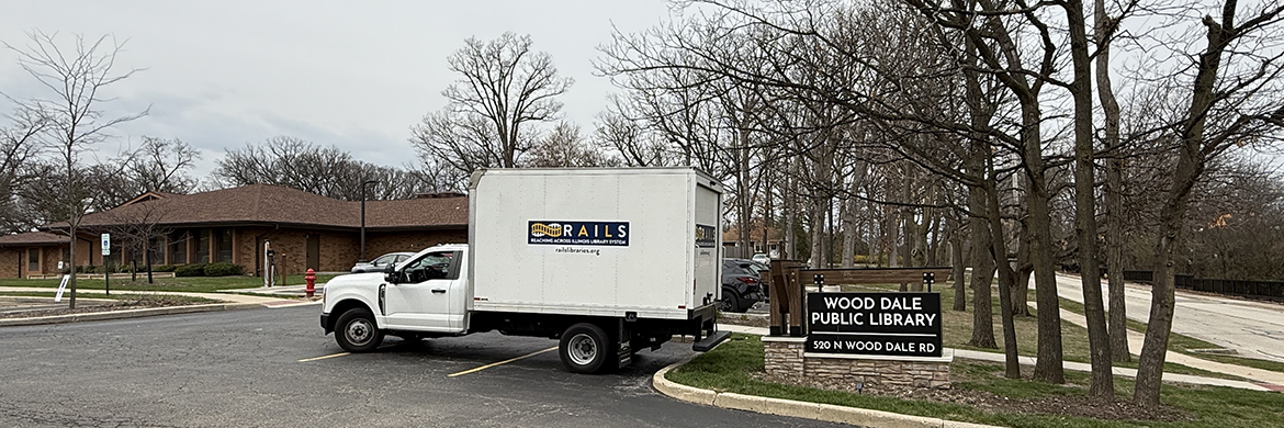 RAILS truck parked at the Wood Dale Public Library