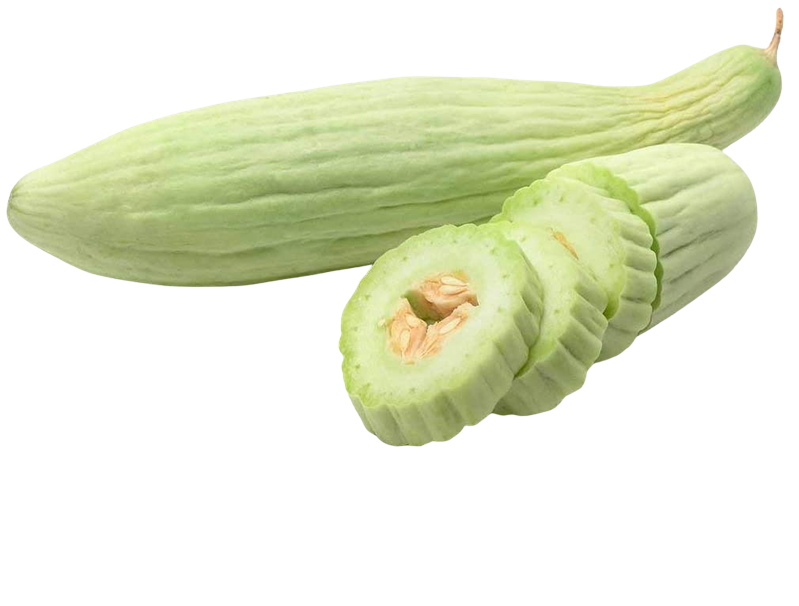 Two pale green, ribbed cucumbers. One is cut into slices to display the orange seeds and pulp inside.