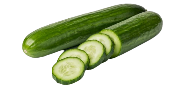 Two dark green cucumbers. One is sliced to reveal the pale flesh and seeds inside.