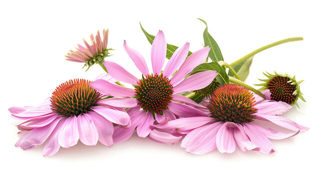 A group of purple coneflowers on a white background.