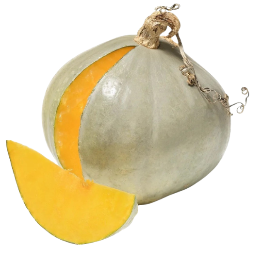 A round, grey-colored squash with a slice cut out. The flesh is a pale orange.