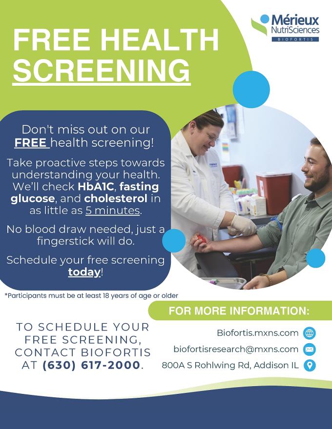 Free Health Screening at Biofortis, located in Addison, IL.