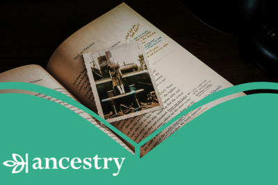 Ancestry resource image showing an open book with a black and white photo of a woman