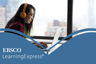Learning Express Library resource image showing teen girl with headphones on typing on laptop