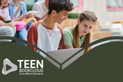 Teen Book Cloud resource image showing a teen boy and girl smiling with an open laptop in front of them