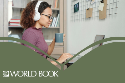 World Book resource image showing a teen girl with headphones on holding a mug in one hand and typing on a laptop with the other