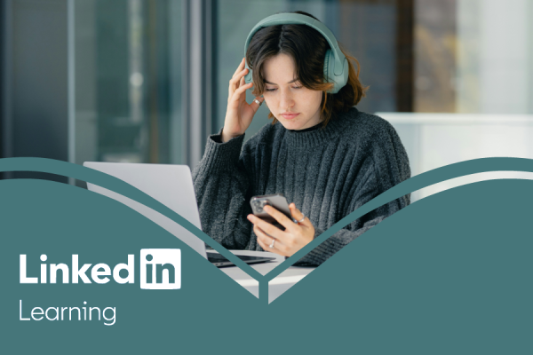 LinkedIn Learning resource image showing a woman with headphones on and an open laptop on the table in front of her