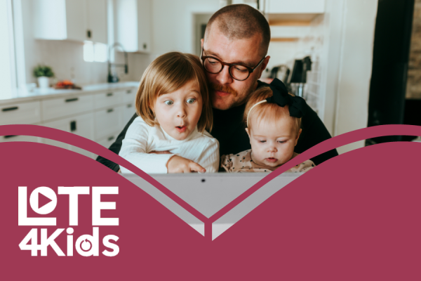 LOTE for Kids resource image showing a father with two young daughters looking at an open laptop