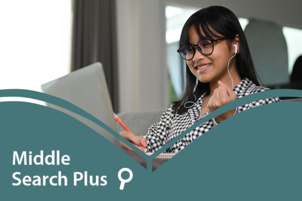 Middle Search Plus resource image showing a tween girl doing homework on a laptop