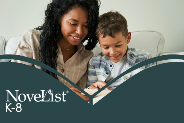 Novelist K-8 resource image showing a mom and son sitting side-by-side with an open book