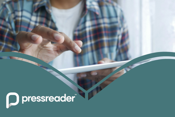 Press Reader resource image showing a man tapping on a tablet