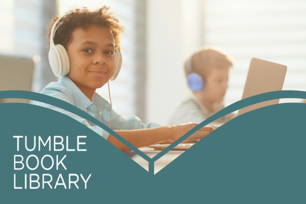 Tumblebook Library resource image showing a young boy with headphones on and typing on laptop