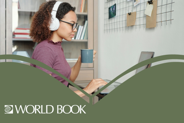 World Book resource image showing a teen girl with headphones on holding a mug in one hand and typing on a laptop with the other