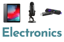 Electronics collage showing iPad, microphone, and Roku remote