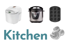 Kitchen collage showing a bread maker, instant pot, and Mickey Mouse-shaped cake pan and a fluted pan