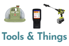 Tools and Things collage showing a deep cleaner, air quality detector, and a power washer