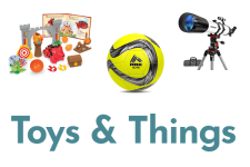 Toys and Things collage showing a toy set, soccer ball, and telescope