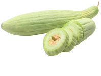 Two pale green, ribbed cucumbers. One is cut into slices to display the orange seeds and pulp inside.