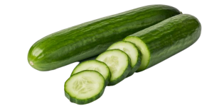 Two dark green cucumbers. One is sliced to reveal the pale flesh and seeds inside.